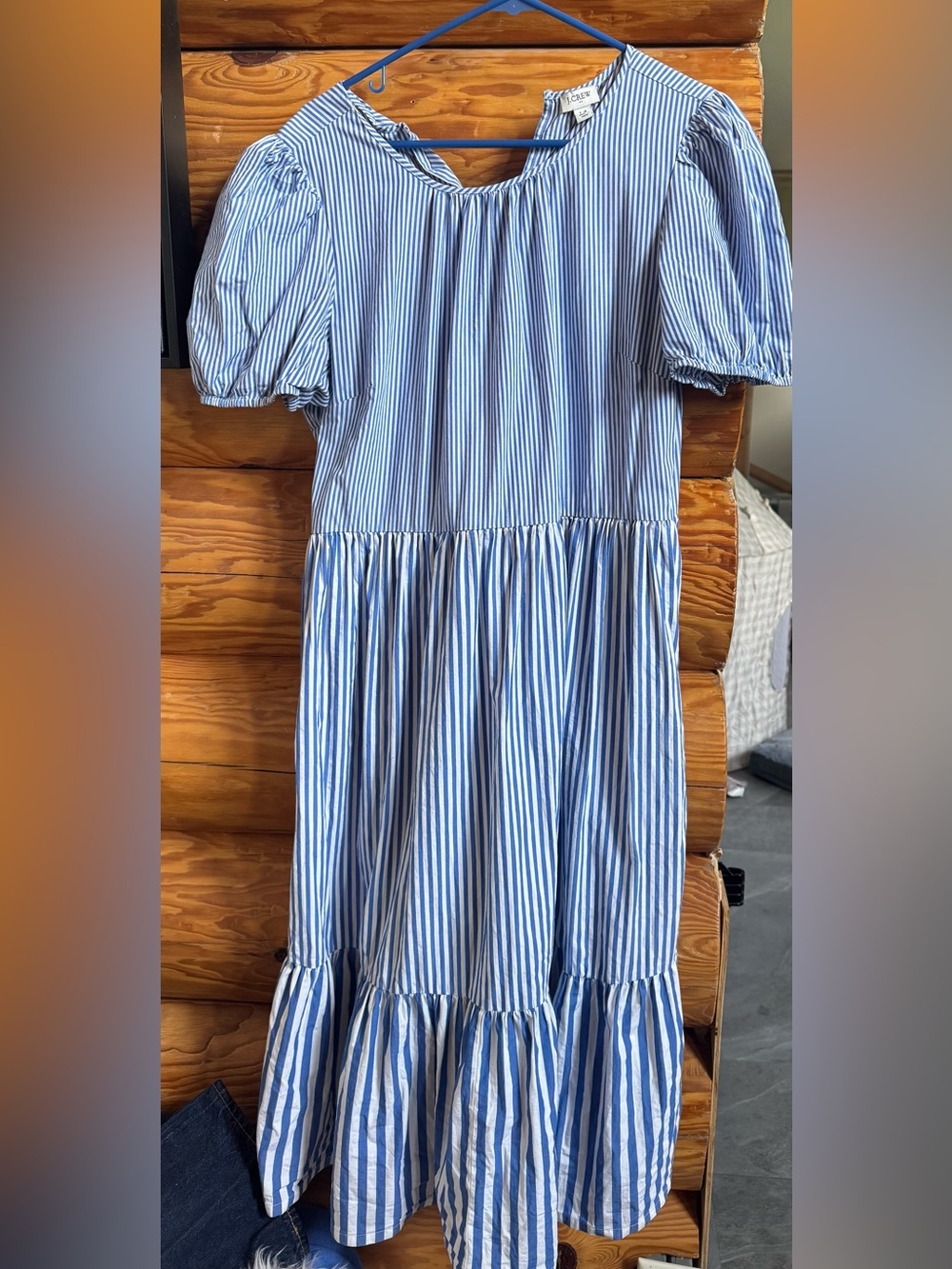 J. Crew Blue and White Striped Puff-Sleeve Midi Dress